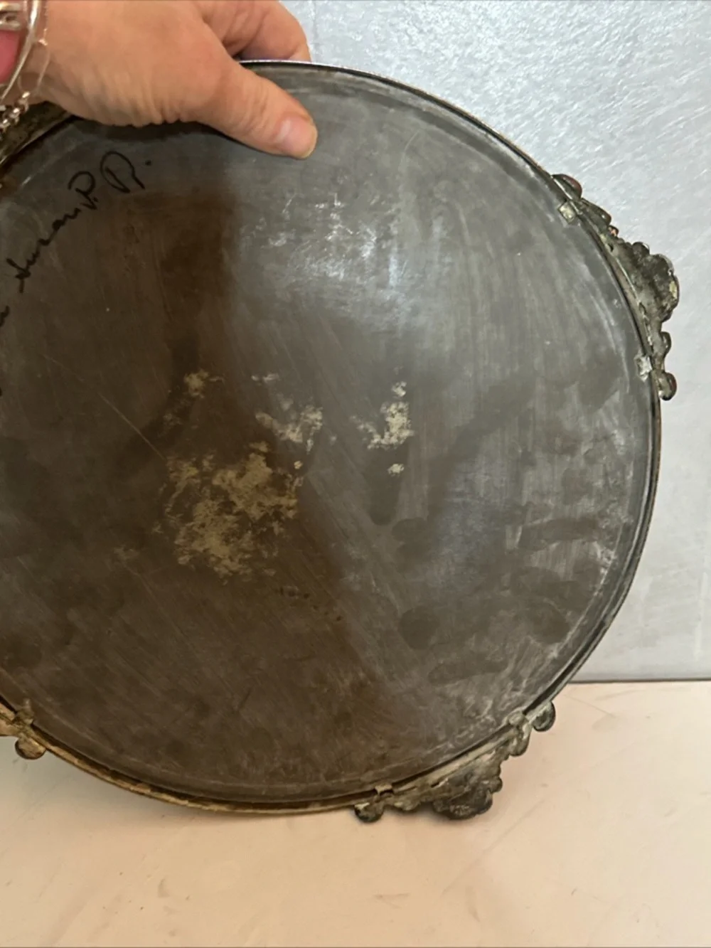 Antique COPPER Mirror Plateau with Raised Feet and Beveled Edge